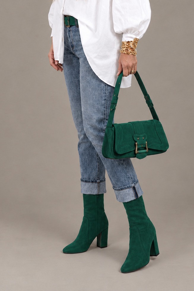 Women's emerald green inside-zip ankle boots with round toe and high block heel - Worn view